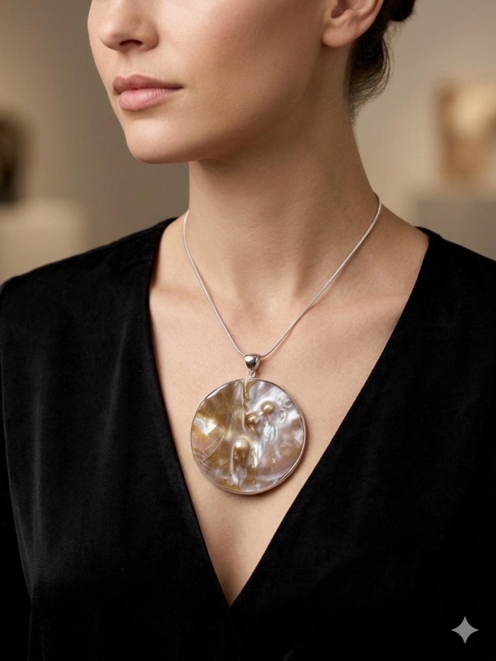 Vintage Huge Mother of Pearl Disc Pendant – Genuine .925 Sterling Silver